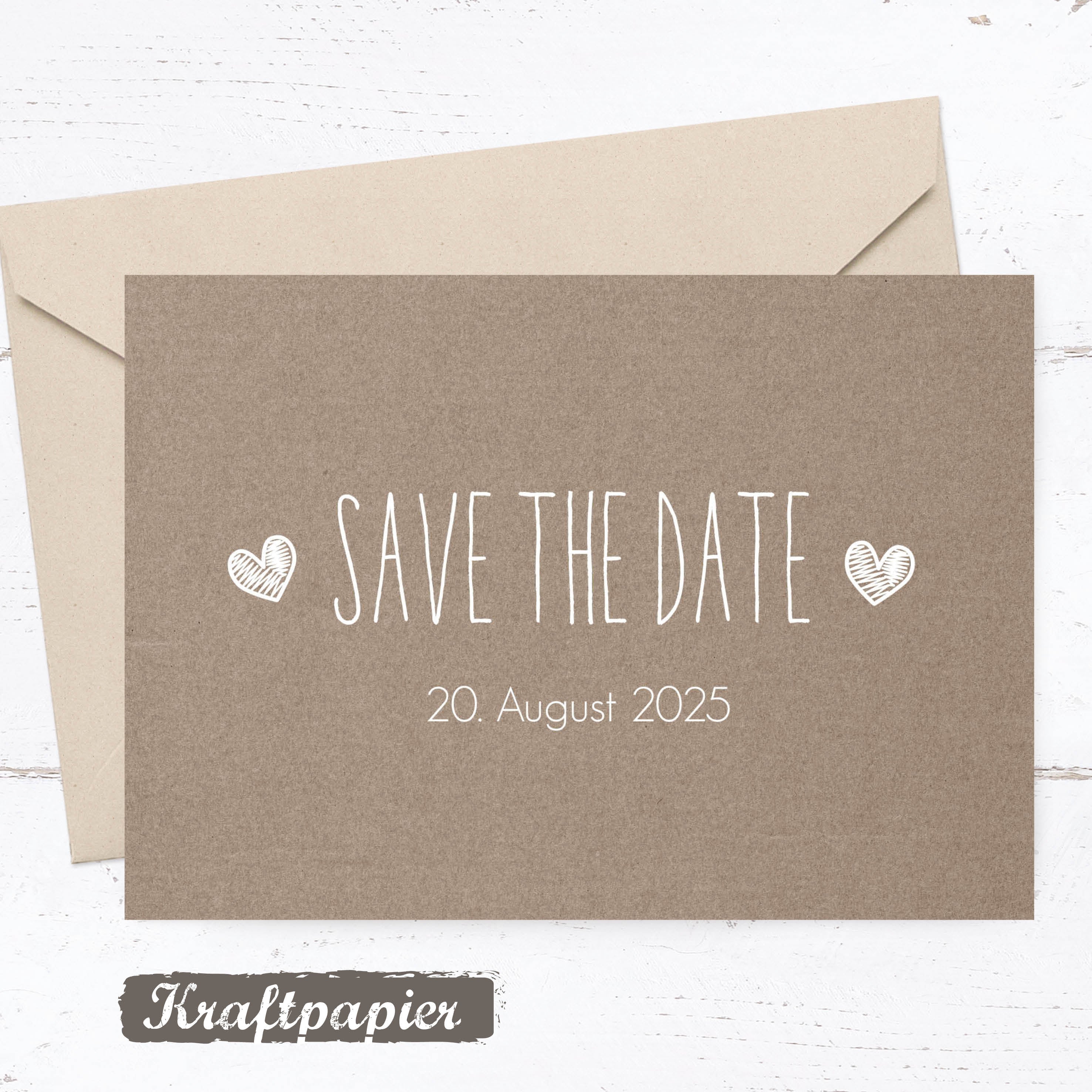 Save the Date Karten: Rustikal mit Herz - auf Kraftpapier Individuelle Einladung